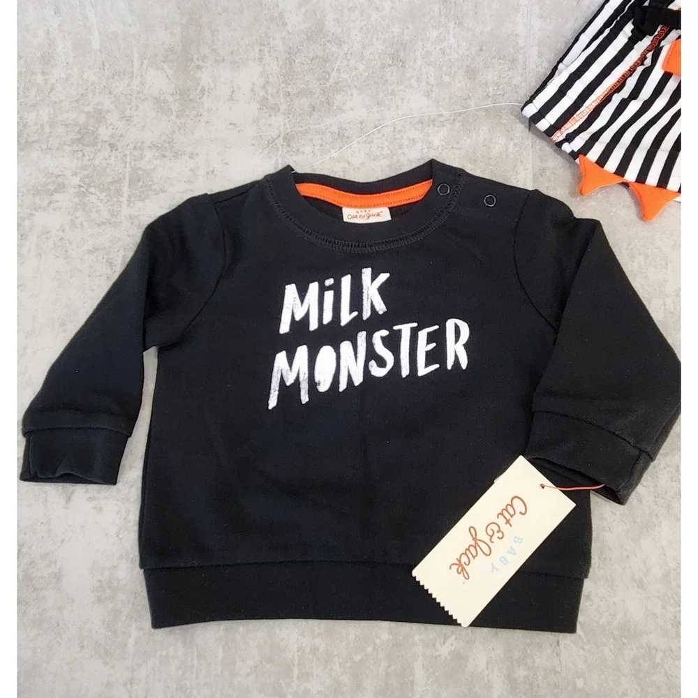 Cat & Jack Milk Monster Halloween Outfit Baby 3-6M Black Orange NWT Dino Spikes